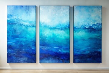 A soothing visual journey unfolds with three panels, each a different shade of blue, evoking feelings of serenity and calm, as the colors gradually shift from sky blue to navy.
