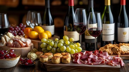 Deep reds and golds surround a refined selection of wines and gourmet bites