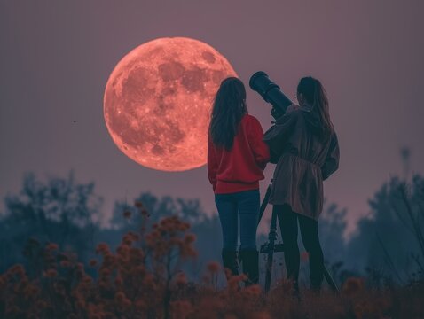 Two people look at the moon through a telescope. AI.