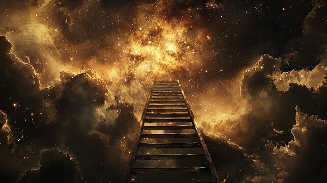 portrait color epic cinematography of Jacob's ladder going to the stars in masonic style art. Photorealistic