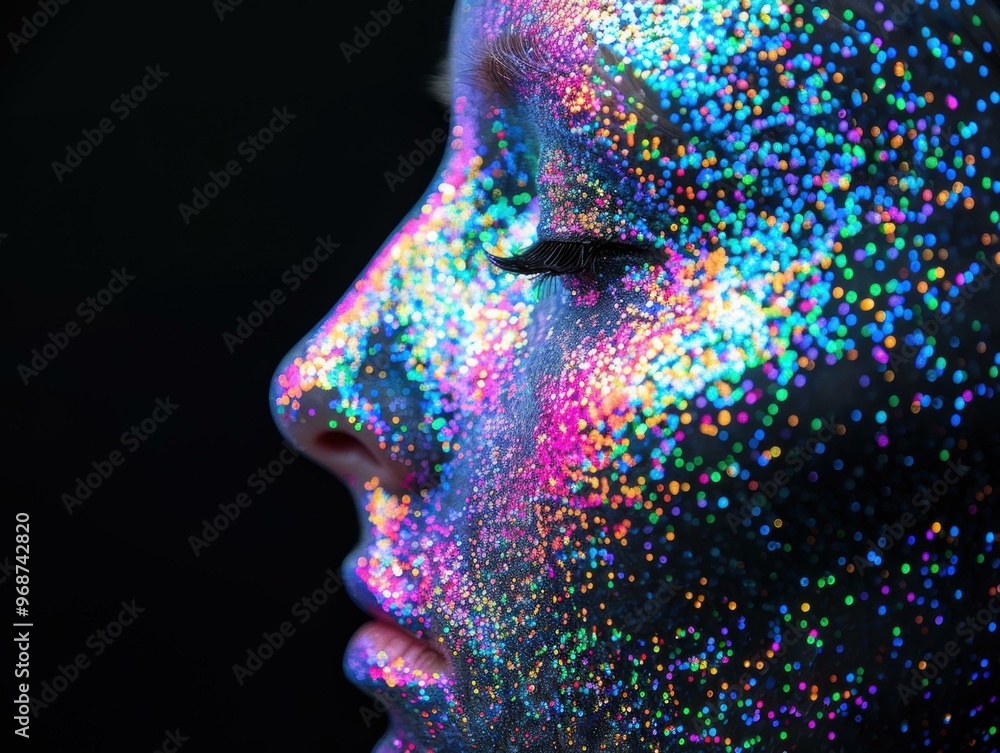 Canvas Prints A person's face covered in colorful glitter. AI.