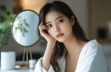 Naklejka premium Asian woman with sad expression touches skin in mirror, beauty and self-care concept
