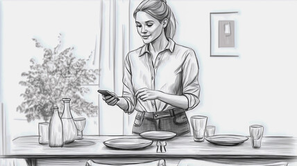 A Sketch of Woman Standing by Dining Table Holding Phone
