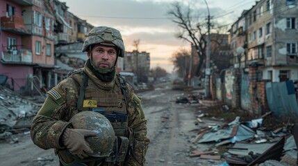 Fototapeta premium A soldier stands in a war-torn street. AI.