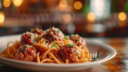 a close-up image of Italian pasta dish featuring meatballs in tomato sauce,