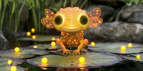 A cute creature with wings sits on a lily pad. AI.