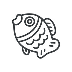 Cute taiyaki icon. Hand drawn monochrome illustration of a fish-shaped sweet filling cake isolated on a white background. Kawaii sticker. Vector 10 EPS.