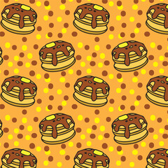 Cute pancake tasty character seamless pattern in yellow background for fashion textile cartoon simple in dark background high quality vector for kids book children print