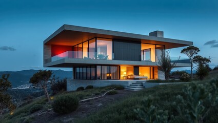 Moern Luxury Villa with Mountain View at Dusk