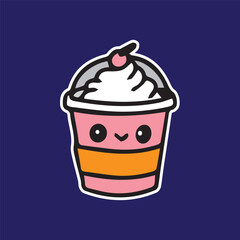 Cute ice cream cup pink tasty character sticker cartoon simple in dark background high quality vector for kids book children print