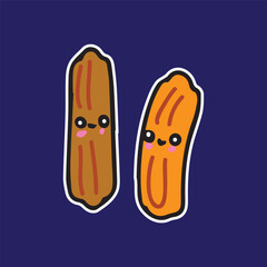 Cute churros sweet tasty character sticker cartoon simple in dark background high quality vector for kids book children print