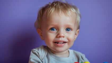 Naklejka premium Cute little boy with blue eyes and blond hair, adorable toddler with captivating blue eyes and curly blonde hair stares in wonder and surprise, innocence and curiosity of childhood