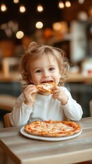 A kid excitedly eating a colorful, cheesy pizza slice at a fun birthday party.