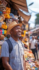 Obraz premium African men looking at traditional crafts and souvenirs in a bustling local market.