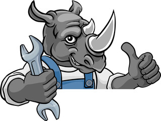 A rhino cartoon animal mascot plumber, mechanic or handyman builder construction maintenance contractor peeking around a sign holding a spanner or wrench and giving a thumbs up