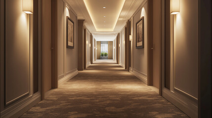 A luxurious hotel corridor with plush carpeting and elegant, understated decor. modern artwork, and the corridor features soft, ambient lighting. Large windows provide natural light
