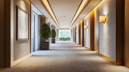 Obraz premium A luxurious hotel corridor with plush carpeting and elegant, understated decor. modern artwork, and the corridor features soft, ambient lighting. Large windows provide natural light