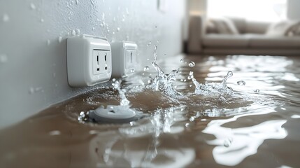 Water pooling around a dangerously exposed electrical outlet in a flooded living room, highlighting severe safety hazards and insurance claim urgency