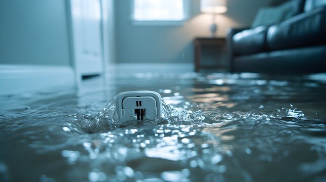 Water pooling around a dangerously exposed electrical outlet in a flooded living room, highlighting severe safety hazards and insurance claim urgency