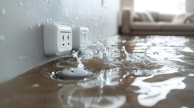 Water pooling around a dangerously exposed electrical outlet in a flooded living room, highlighting severe safety hazards and insurance claim urgency