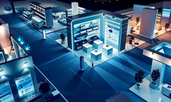 Virtual event platform interface mockup with exhibitor booths and attendee networking. Hyperrealistic . Video