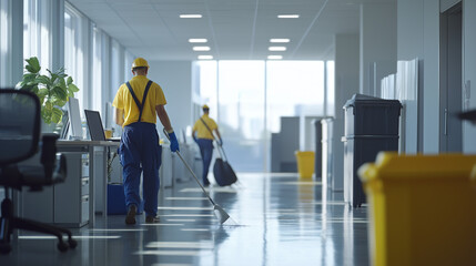 A team of janitors cleaning an office space, wiping desks, vacuuming floors, and emptying trash bins. The workers are in uniform, and the office is bright and well-organized, highlighting cleanliness 