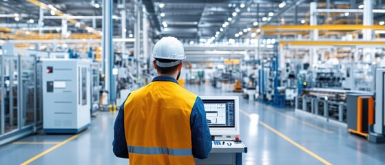 Engineer assessing quality control in a production line with digital equipment and clear focus on every detail in a large factory setting