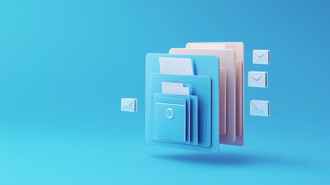 Digital folders and envelopes floating against a blue background represent email organization and document management in a modern workspace