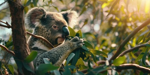 Obraz premium An Australian koala comfortably perched in a branch fork nibbling on fresh green leaves
