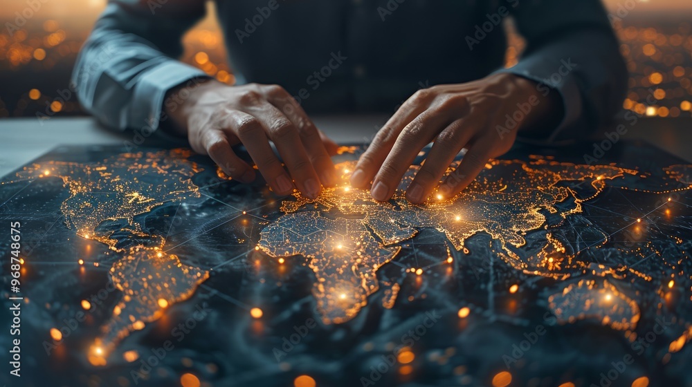 Poster businessman touching global network and data exchanges over the world 3d rendering