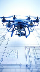 Aerial flying Drone 3D render graphic Futuristic Robot Technology Machine Automation Industry Digital Computer virtual white blueprint backdrop