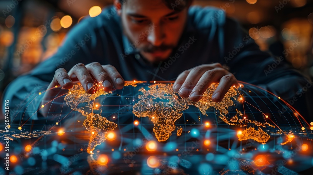 Poster businessman touching global network and data exchanges over the world 3d rendering