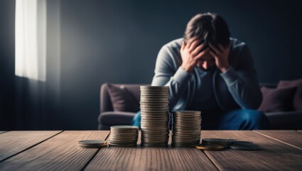 Obraz premium Man in Despair with Coins Stacke on a Table