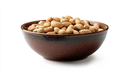 Piles of peanuts in an old brown ceramic bowl, isolated on a white background