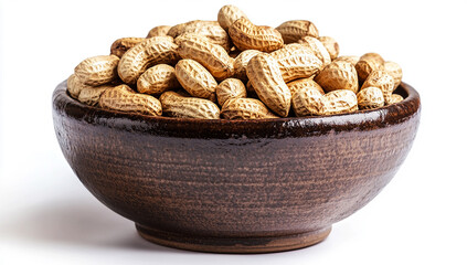 Piles of peanuts in an old brown ceramic bowl, isolated on a white background