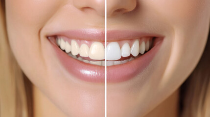 Close-up of a woman's smile showing before and after teeth whitening on a split screen. Concept of dental care and cosmetic treatments