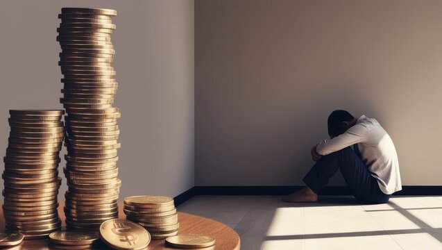 Depresse Man Sitt in Room with Stack of Coins