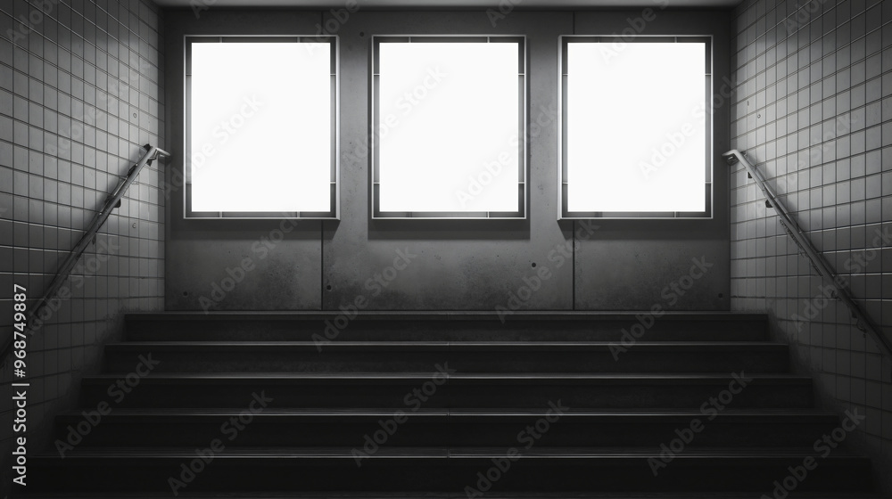 Poster a dimly lit stairway leading to three empty frames, creating an intriguing and mysterious ambiance.