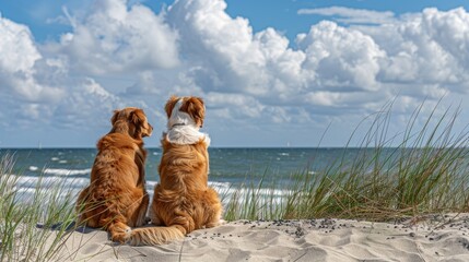 On the coast, two dogs sit on the sand and grass, looking at the beautiful sea and sky,...