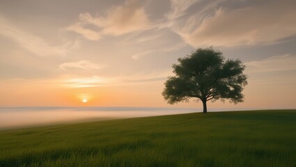 Obraz premium Sle Tree in Grass Fiel at Sunrise with Fog an Clouy Sky
