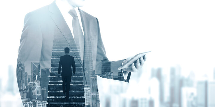 Young businessman with cellphone climbing ladder on blurry city background with mock up place. Growth, success and forward concept. Double exposure.