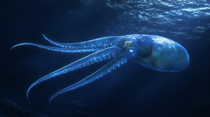 A blue octopus with eight tentacles swims in the dark blue ocean water.