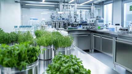 High-quality natural extract processing with cutting-edge machinery and fresh plant materials in a clean and innovative lab environment
