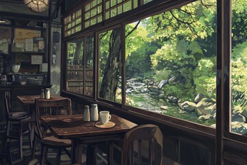 Fototapeta premium A Quaint Café With Cozy, Soft Lighting And A View Of A Peaceful Stream Just Outside The Window. Cozy Vibe, Generative AI