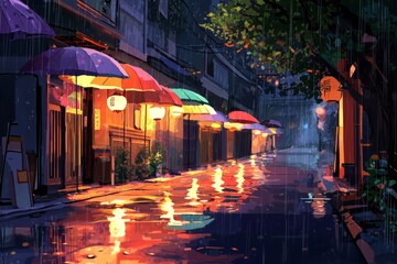 Naklejka premium A Cozy, Rainy Street Scene With Colorful Umbrellas And Warm, Diffused Light From Nearby Buildings Creating A Peaceful Ambiance, Generative AI