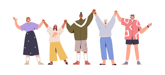 Obraz premium Happy people group standing together, holding hands, bonding with arms raised up in unity. Diverse characters, community. Togetherness concept. Flat vector illustration isolated on white background