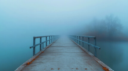 Misty bridge leading into the unknown. a solitary bridge disappears into a thick fog, leaving a sense of mystery and anticipation.