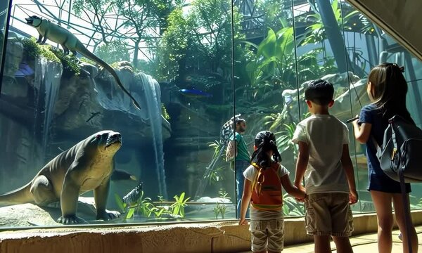Family visiting a zoo for World Environment Day, kids excitedly watching animals, hyperrealistic . Video