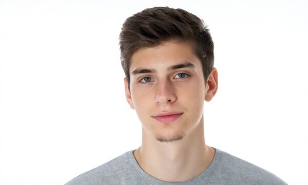 Młody mężczyzna z pewnym siebie wyrazem twarzy spogląda bezpośrednio w kamerę, stojąc na neutralnym, białym tle.