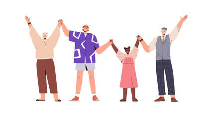 Obraz premium Happy people holding hands, arms up together. Diverse old and young characters, united group in connection, celebrating. Togetherness concept. Flat vector illustration isolated on white background